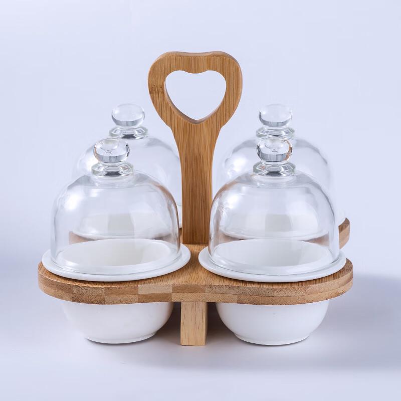 Набор керамических десертных пиал с бамбуковой подставкой и стеклянной крышкой