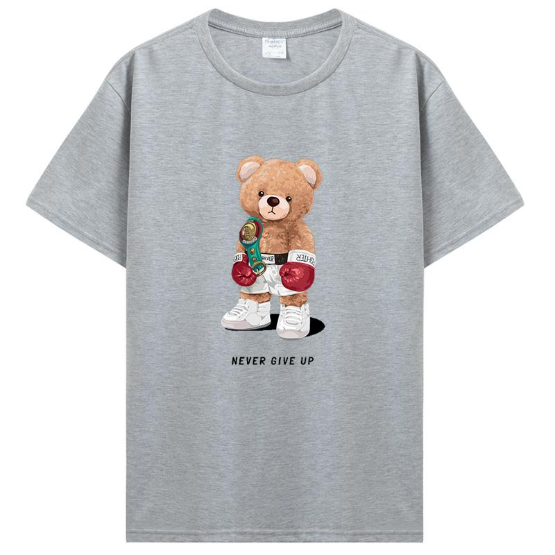 Strong Boxer Teddy Bear Never Give Up Print Men T-shirt Summer Short Sleeve Cotton Basic Tops Tees TShirt Streetwear Clothes