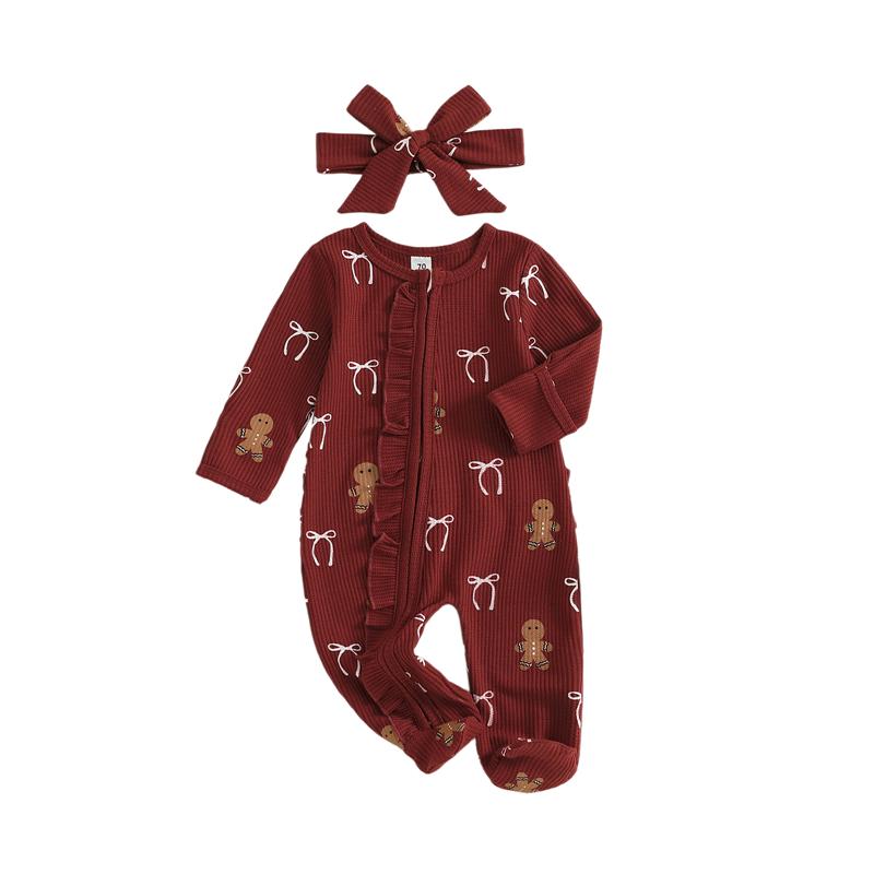 

Newborn Baby Girl Christmas Oblique Zipper Romper Long Sleeve O Neck Print Jumpsuit with Headband 90 красный