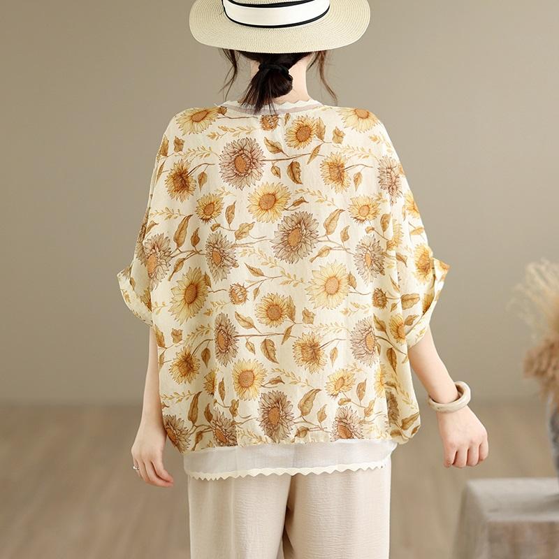 Short sleeve Oversized vintage floral Casual loose t shirt tops Women summer t-shirt