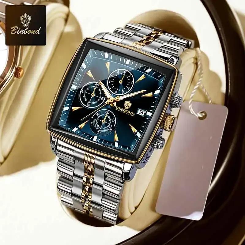 BINBOND Luxury Square Man Business Wristwatch Waterproof Luminous Chronograph Quartz Men Watches Stainless Steel Men Watch Reloj