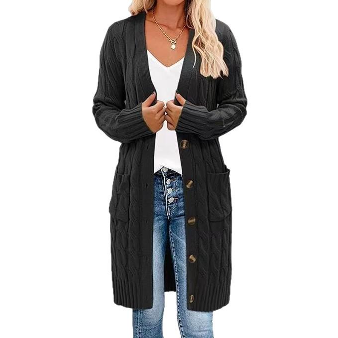 Autumn and winter new knitted long twist sweater women's solid color button-in-bag cardigan jacket