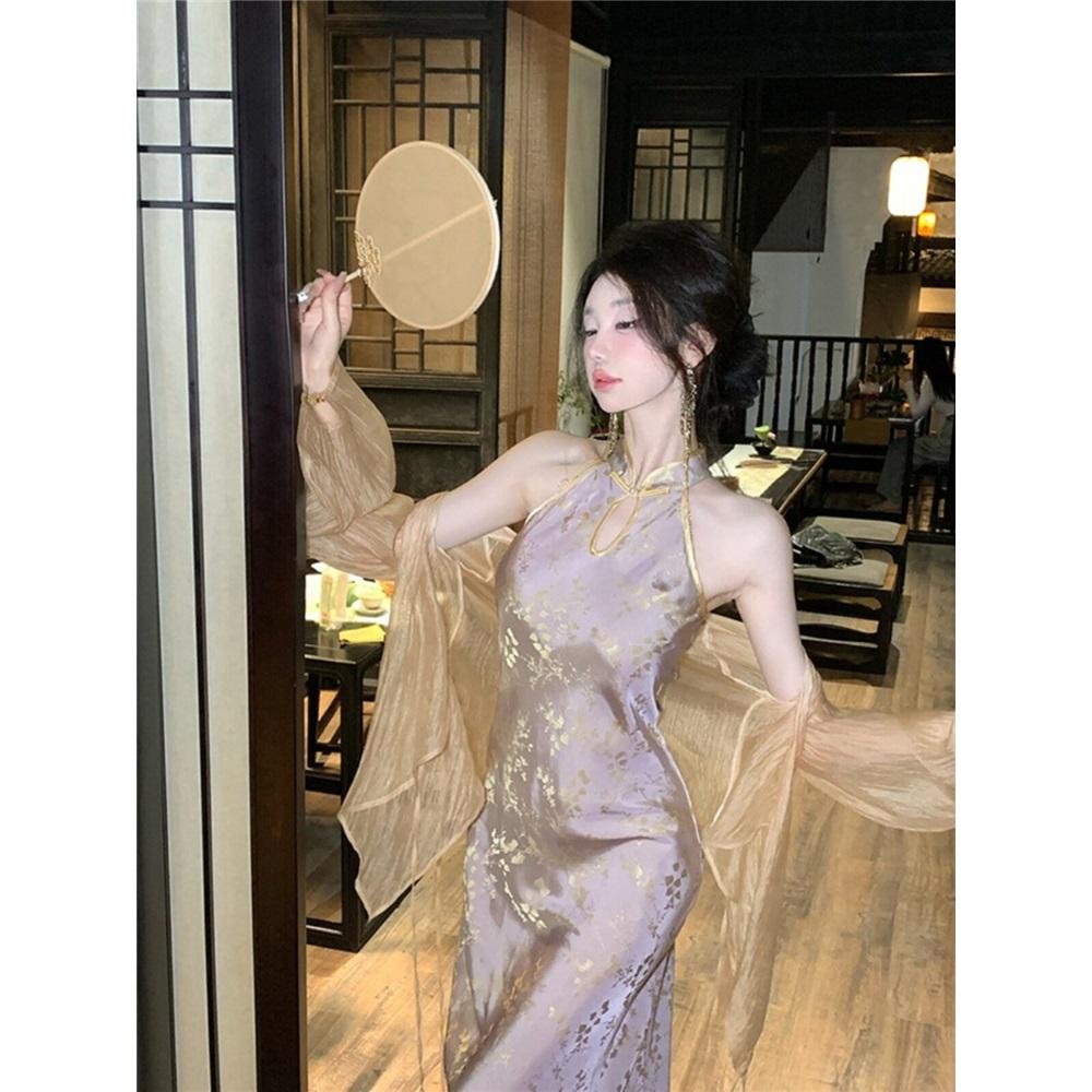 Women's Satin Halter Qipao Dress, Chinese Style Floral Jacquard Cheongsam for Evening Party & Wedding