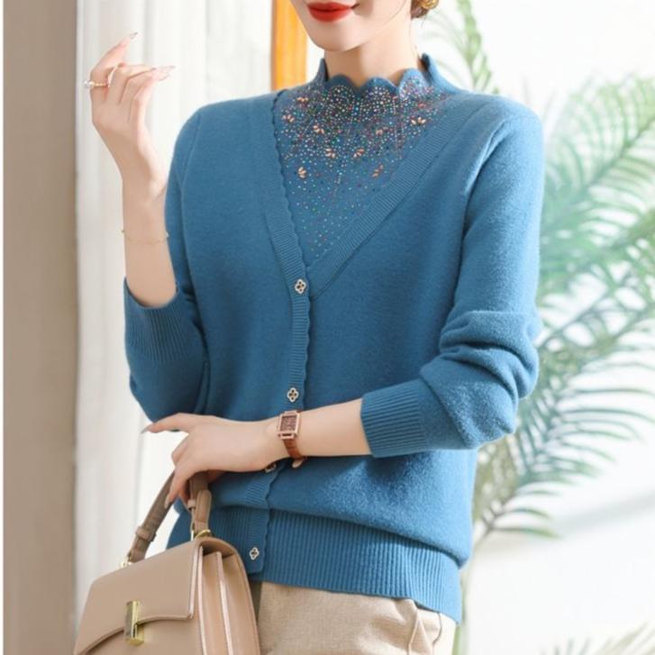 Women's Fleece Sweater Thick Loose Fake Two-Piece Knitted Pullover Sweater Rhinestone Soft Warm Flocked Knit Top Autumn Winter