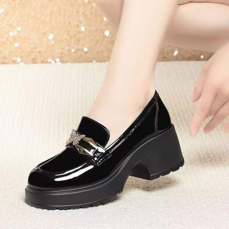 Loafers Women's 2025 Spring and Autumn New Mid-heeled British Leather Shoes Thick Heel Muffin Thick Sole Soft Sole High Heel Single Shoes