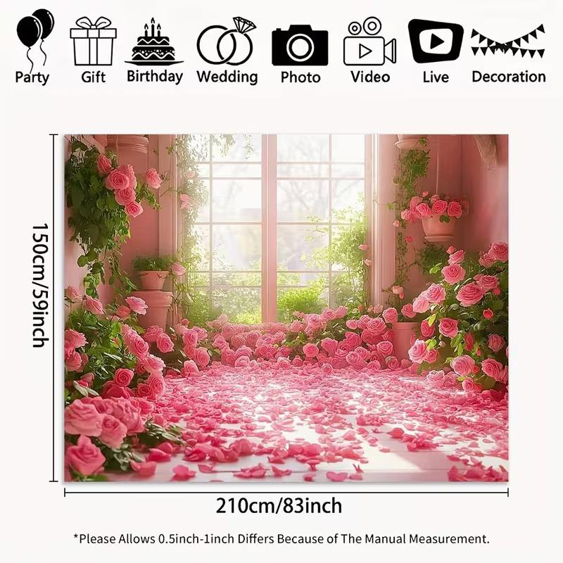 2D Pink Rose Room Backdrop, Floral Window Photography Background for Valentine's Day