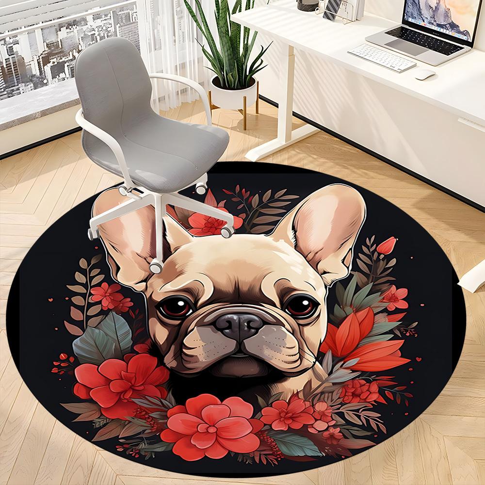 1pc French Bulldog Chair Carpet for Office, Round Non Slip Durable Large Size Office Carpet, Suitable for Office