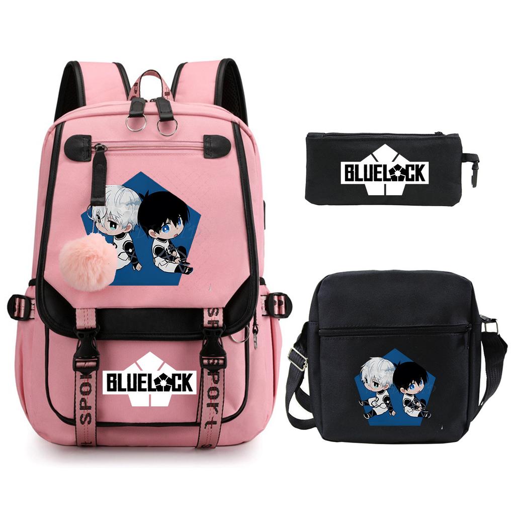 Blue Prison Student School Bag Large Capacity Children'S Shoulder Bag Casual Pencil Bag Set