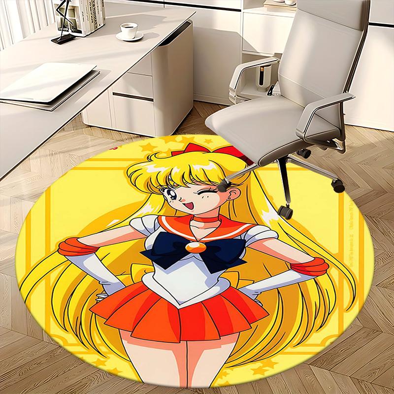 1 Stück Sailor Moon Anime Cartoon Design Runder Teppich Bürostuhlmatte, Rutschfester Teppich für Heimdekoration, Wohnzimmer, Schlafzimmer