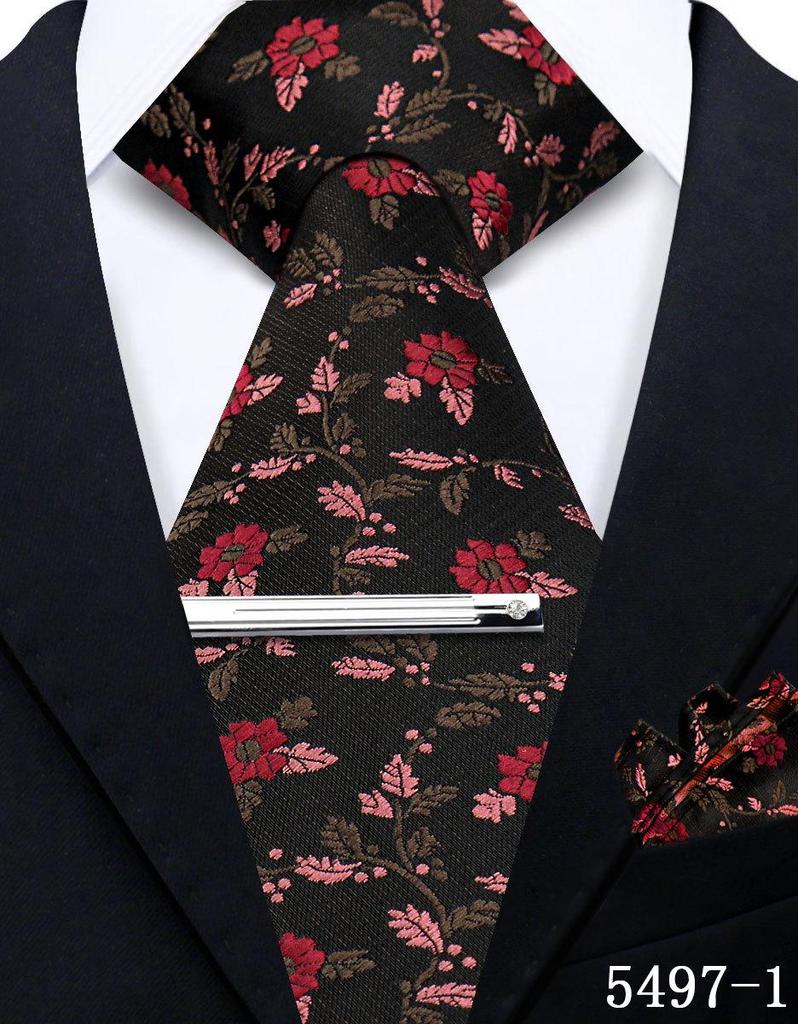 Men's Retro Floral Tie, Pocket Square & Tie Clip Set for Weddings