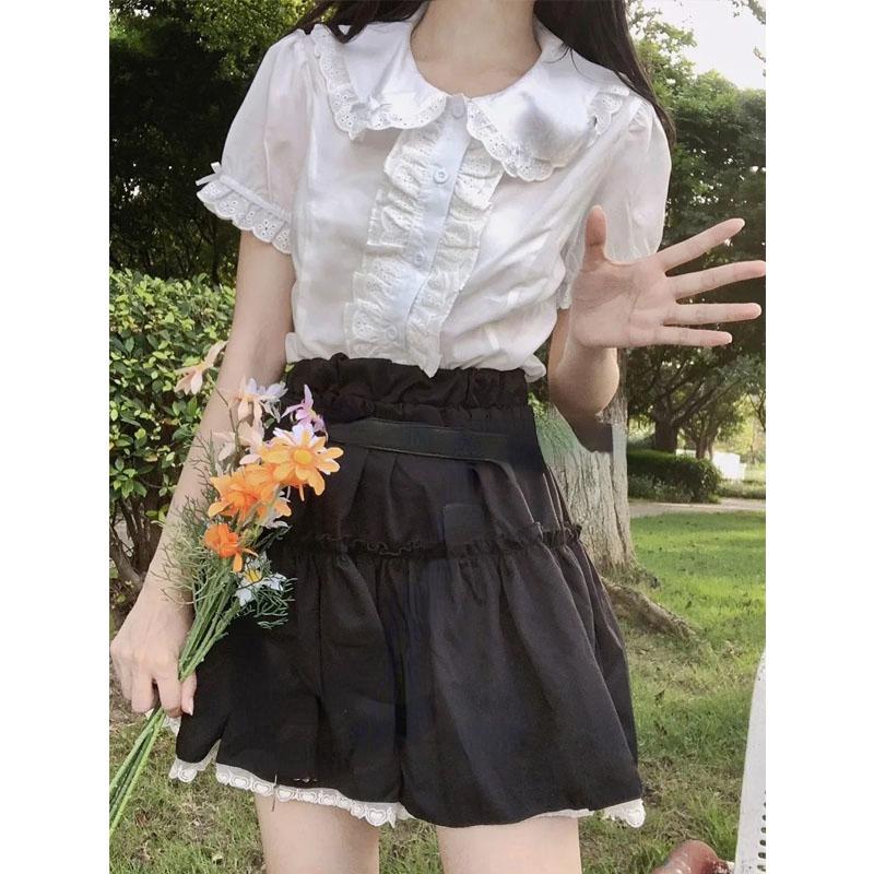 Deeptown Kawaii Lolita Blusen für Damen, weiß, süße Spitzentops, Rüschenhemden, Vintage, Puffärmel, japanischer Preppy-Style, süße Tops