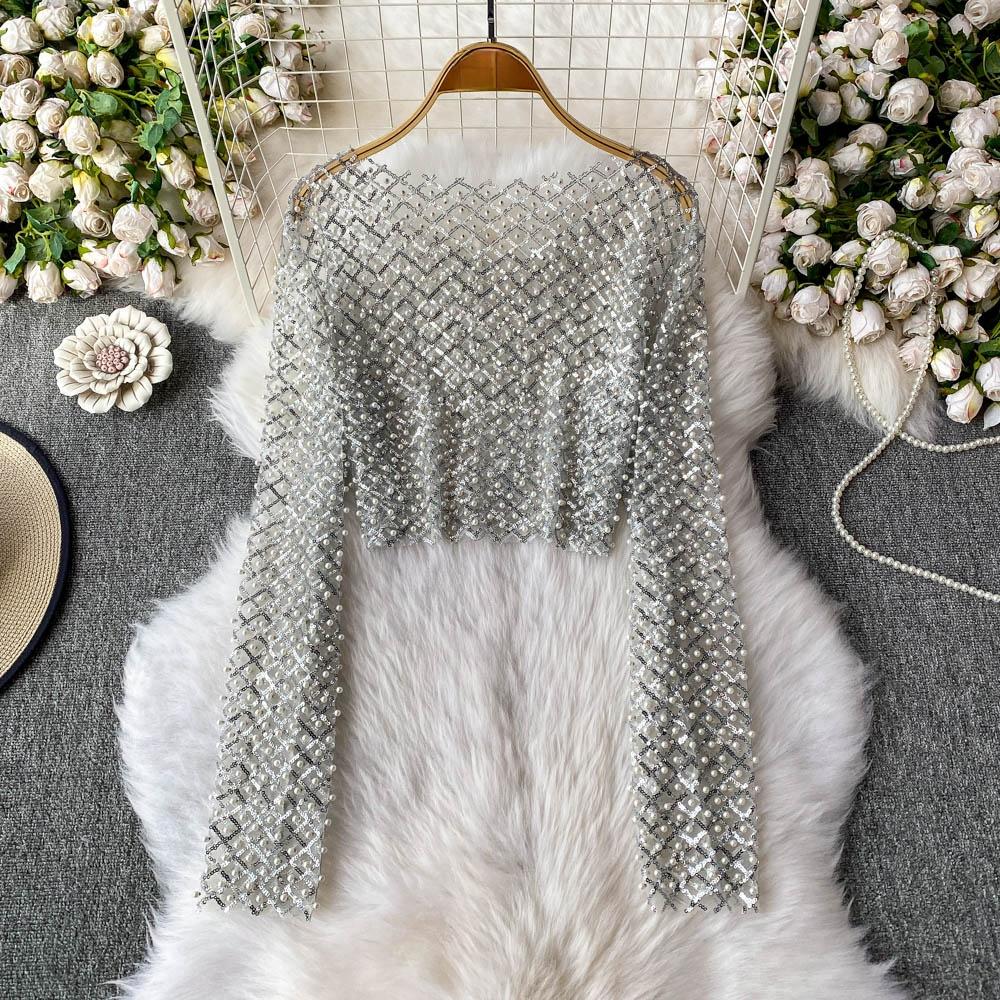 

Блестящая футболка с длинным рукавом и круглым вырезом для женщин, облегающего кроя, в корейском стиле, для работы, однотонная, летний топ One size fits all серебряный