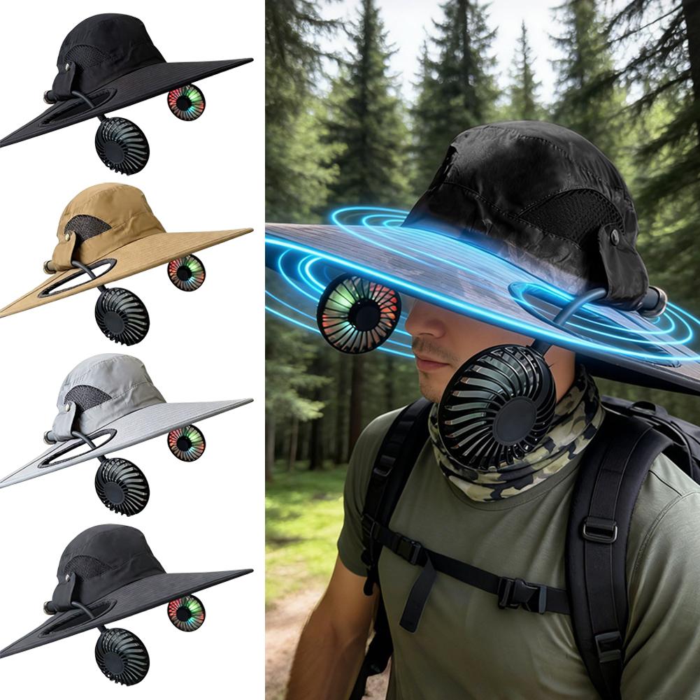 Summer Mens Wide Brim Solar Fan Hat Outdoor Protection Sun Hats With 2 Solar Fan Hiking Fishing Solar Powered Visor Cap Dropping