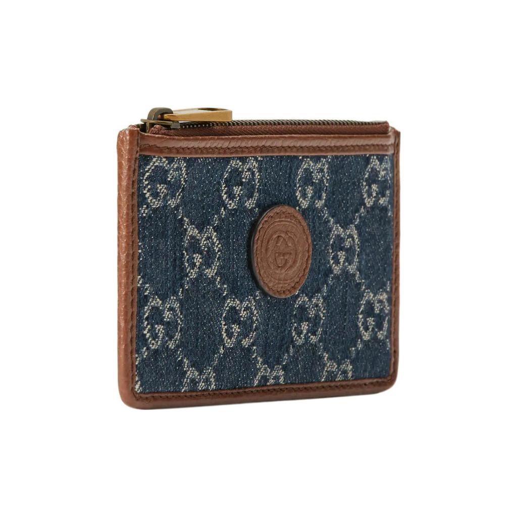 Gucci Logo GG Monogram Denim And Leather Zip Card Holder Women Card Holders Blue Brown 697717-2KQGT-8375