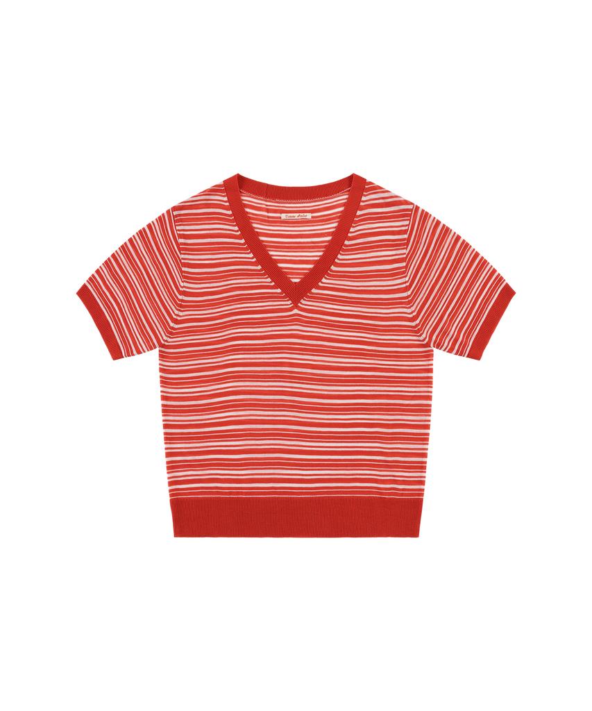 Banwonateullie Kn4294 Striped Half Sleeve Knit_Red