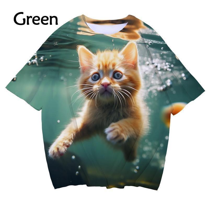 New 3D printed women's T-shirt with cute cat enthusiast pattern T-shirt casual round neck short sleeved large T-shirt top