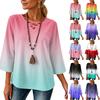Women's V-Neck Loose Fit Three-Quarter Sleeve Gradient Print T-Shirt Top for Casual Everyday Wear
