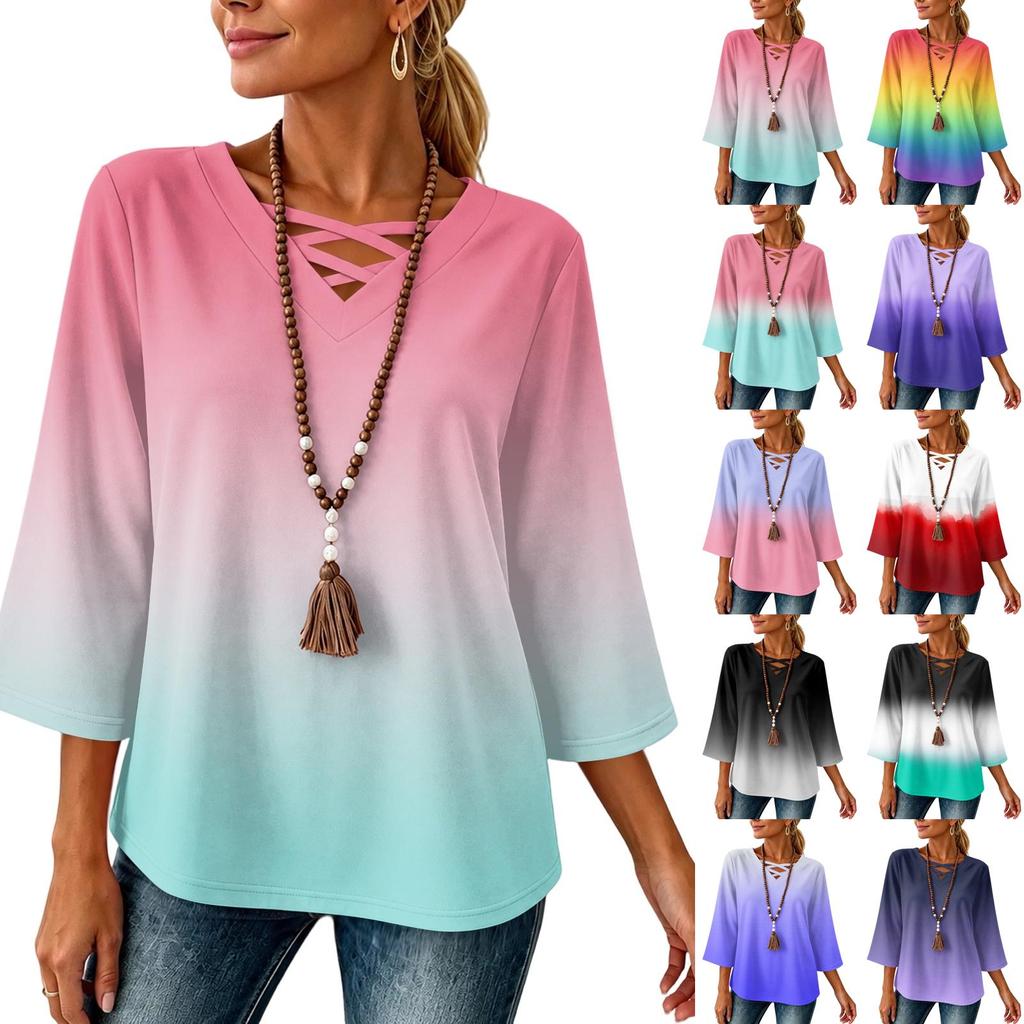 Women's V-Neck Loose Fit Three-Quarter Sleeve Gradient Print T-Shirt Top for Casual Everyday Wear