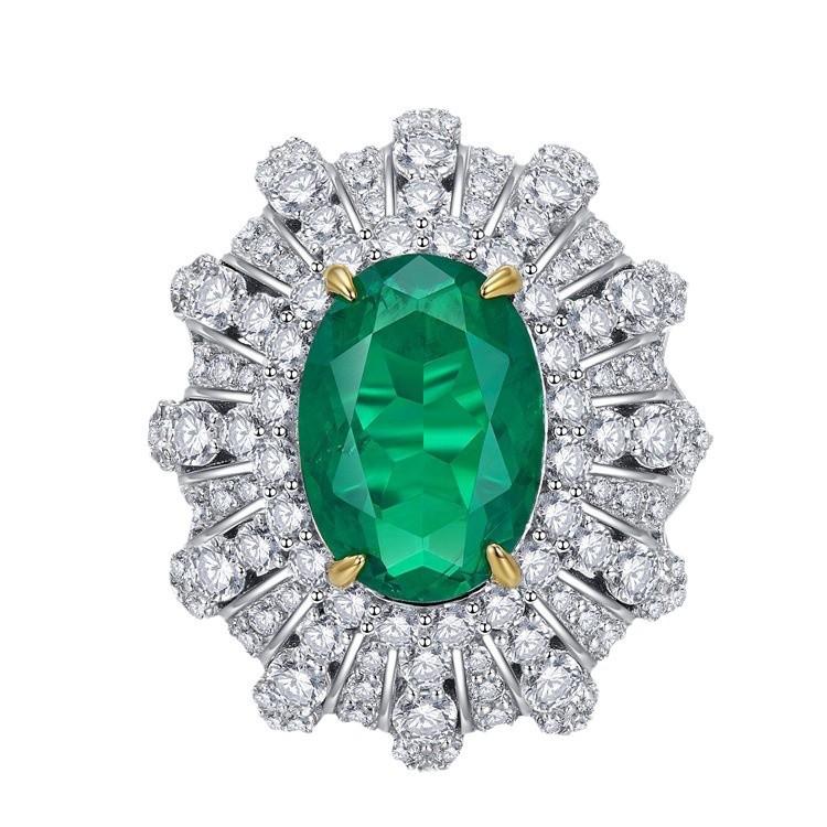 Xiancan Jewelry Oval Faceted Green Zircon Ring In 925 Silver with Multi-Layer Diamond Pave, European-American Style.