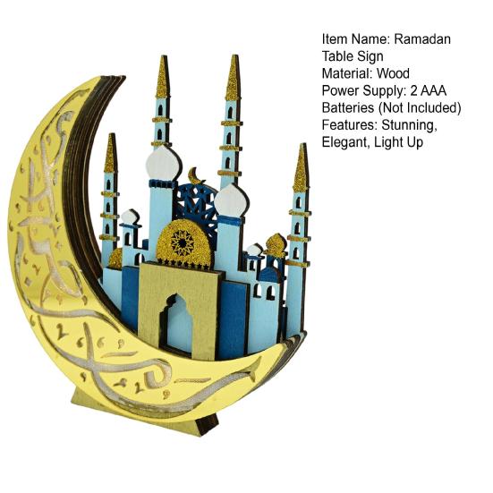 Ramadan Table Decoration Wooden Crescent Moon Star Eid Mubarak Ornament LED Light Up Ramadan Kareem Mosque Sign for Islamic Home Decor