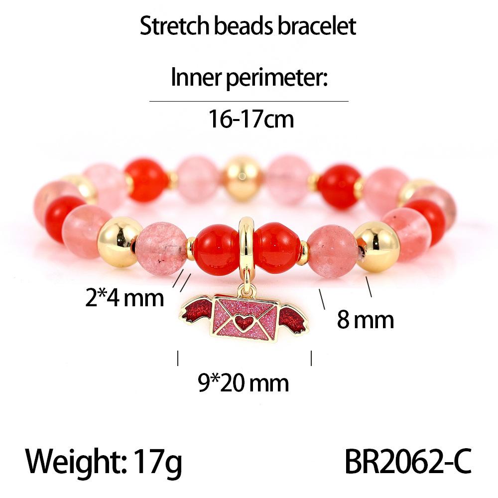 Elegant Handmade Beaded Semi-Precious Stone Bracelet with 18K Copper-Plated Heart LOVE Pendant