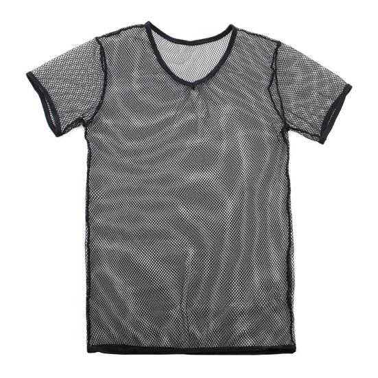 Men V-Neck Color Short Sleeve Hollow Tops Breathable Casual Style Tops