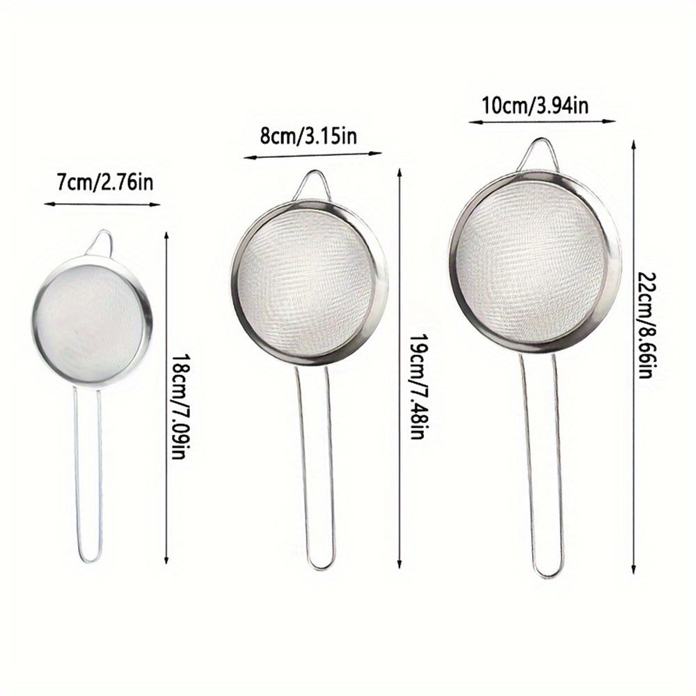 

3PCS pointed ear oil grid, stainless steel fine mesh filter basket with metal handle, including small, medium, and large sizes срібний