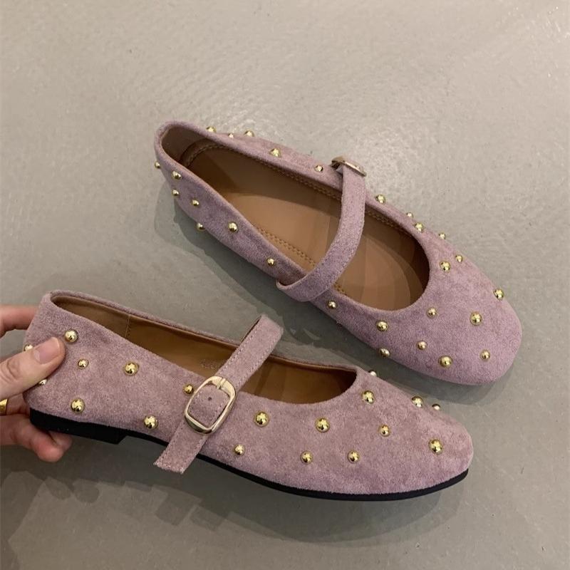 Mary Jane Shoes for Women Rivet Suede Classic Retro Brown Casual Soft Bottom Comfortable Ladies Flats Rhinestone Luxury Flats
