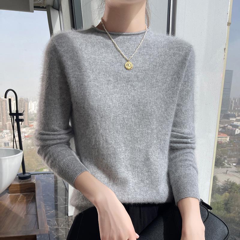 2025 Women's Mink Cashmere Sweater: Semi-High Neck, Rolled Edge Knitted Pullover for Spring & Autumn