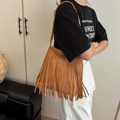 Tassel Bag Women's Bag Retro Fashion Versatile Women's Shoulder Messenger Bag Polished Deerskin Fleece Bucket Bag