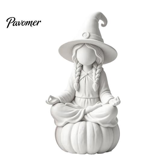 Pumpkin Base Wizard Statue 3D Printed Meditating Witch Figurine on Base, Minimalist Fantasy Home Decor Halloween Autumn Desktop Statue, DIY Paintable