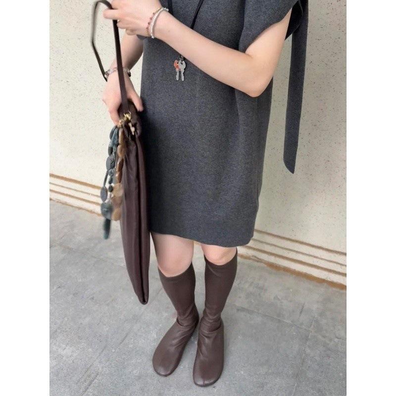 Retro runde Kappe lange Röhre elastische Stiefel Damen Höhenzunahme im Herbst und Winter dünne Stiefel tragen