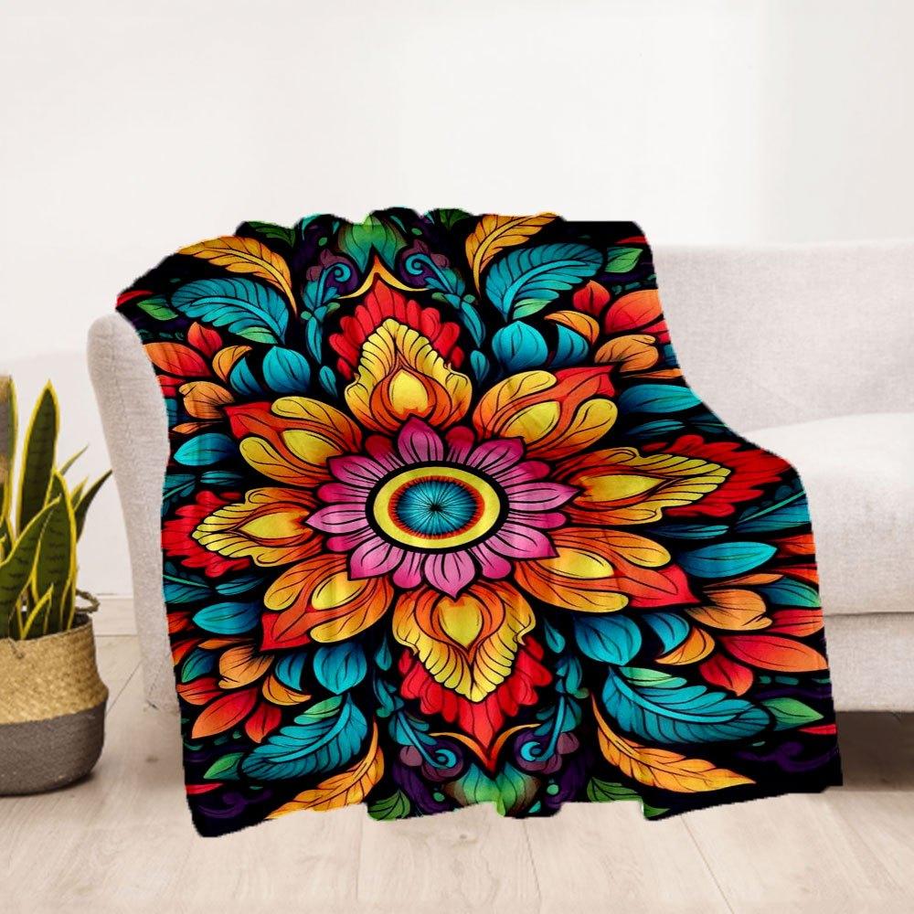 "Vibrant Mandala Art Print: Colorful Floral Design for Home Decor"Blanket Flannel Throw Blanket for Sofa, Bed, Travel, Camping, Office, Couc