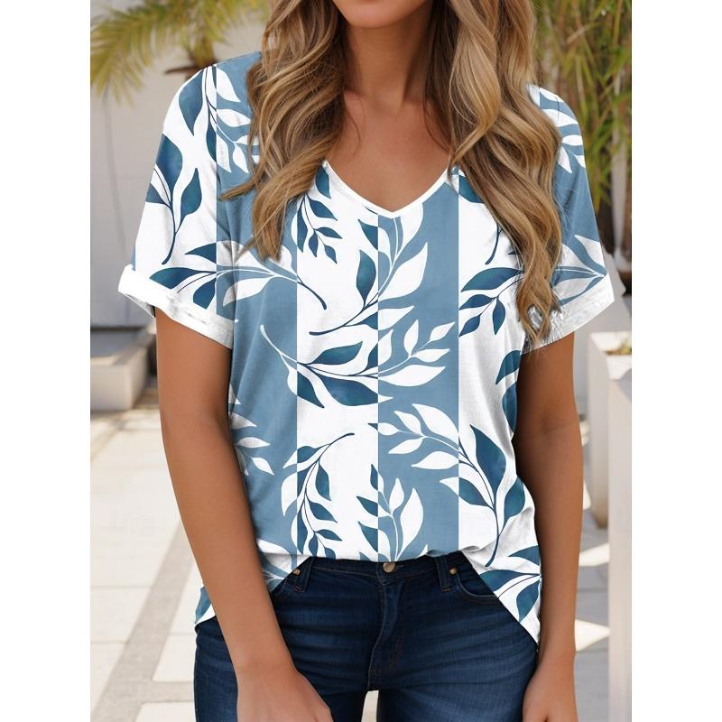 Women's Trendy T-Shirt Plants Graphics Fashion Short Sleeved V-Neck Regular Tops Daily Print Tee 2025  Summer Y2K Casual Tops