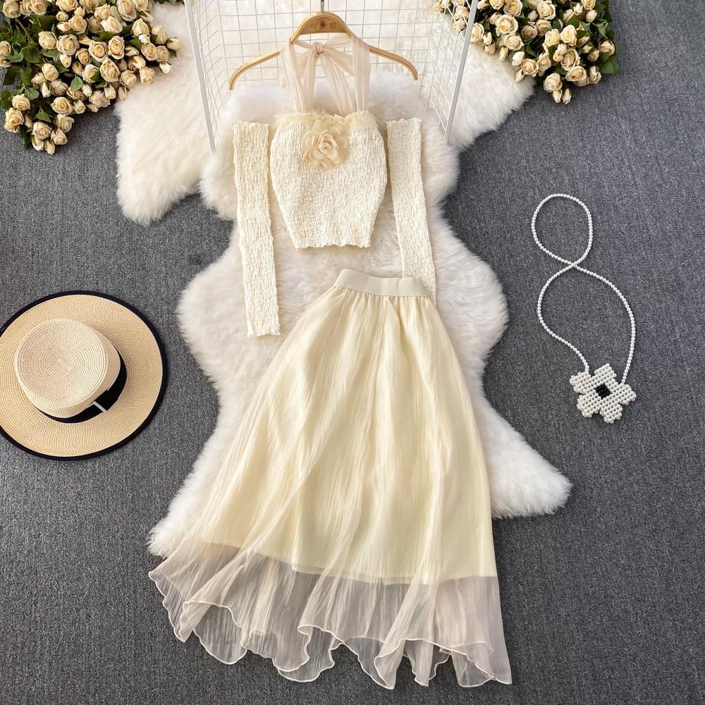 

[Рубашка с укороченным верхом + длинная юбка миди] женский наряд из двух частей 2023 подходящий костюм летний с длинным рукавом укороченный y2k симпатичный сексуальный