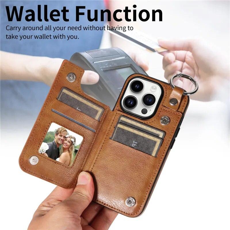 Ring Leder Portemonnaie Karte Handytasche für iPhone 15 Pro Max 14 Plus 13 Pro 12 11 für Samsung Galaxy S24 Ultra S23 S22 S21 FE A15 A54 A34 A14 Flip Cover