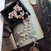 Pink Pearl-Rosary Beads Catholic Necklace Holy Medal-Cross-Christian Long Chain Necklace for Women and Men Jewelry