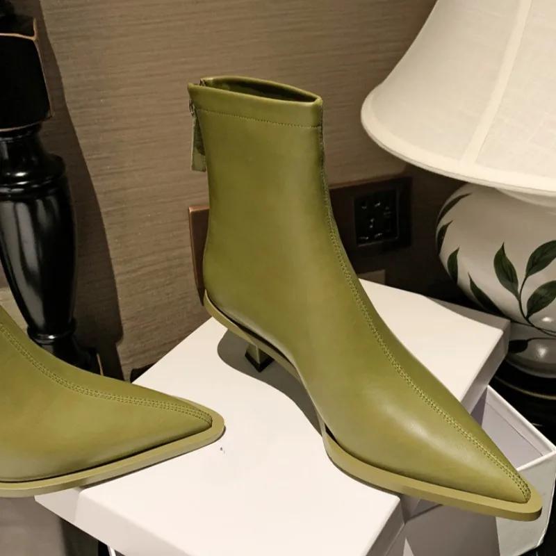 Fashion New Pointed 5.5cm Slim Heel Cowhide Back Zipper Short Boots European American Slimming Ladies' Temperament Ankle Boot Sizes34-43