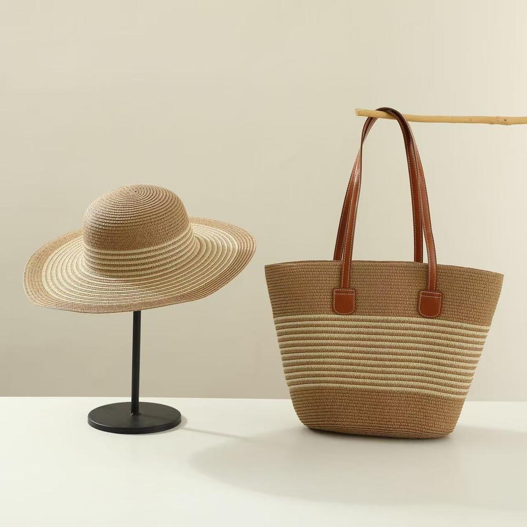 1 Conjunto Chapéu de Sol Estilo Boêmio Feminino + 1 Bolsa de Ombro, Estilo Férias, Chapéu de Palha de Ombro Bolsa Tote de Praia para Viagem de Verão Férias
