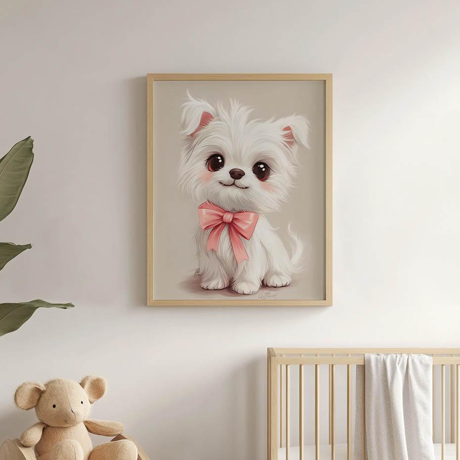 Plakat Uroczy Piesek W Różowej Muszce Plakat Uroczy Piesek W Różowej Muszce, 50X70 Cm, Rama Aluminiowa Czarna, Papier Matowy 230 Gsm