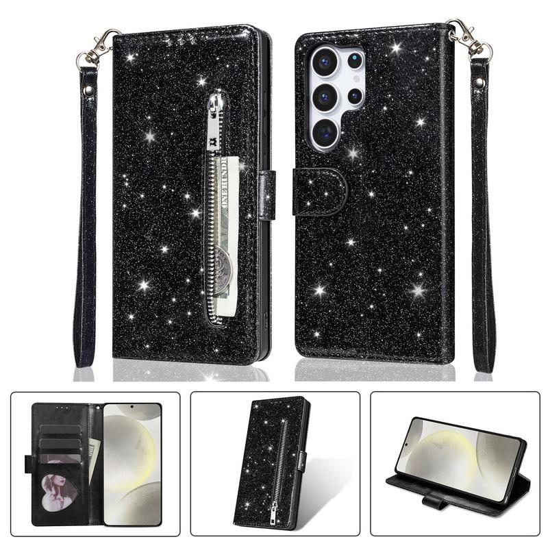 

Glitter Zipper Leather Flip Wallet Case For Samsung S26 Ultra S25 Edge S24 S23 S22 Plus S21 FE A15 A16 A17 A25 A26 A34 A35 A36 A37 A54 A55 A56 A57 5G For Samsung Galaxy S26 чёрный