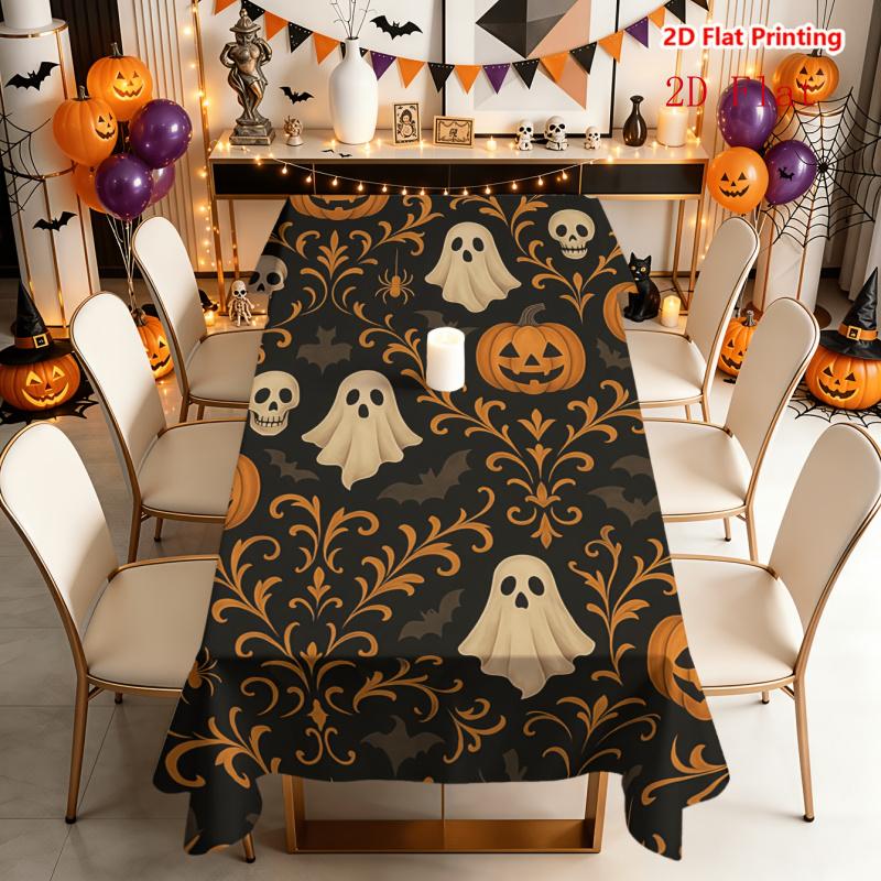 2D Flat 1pc Tablecloth, Halloween-themed Tablecloth Pattern Featuring Pumpkin Lanterns, Ghosts, Skulls, and Orange Scroll Motifs, Suitable for Kitchen