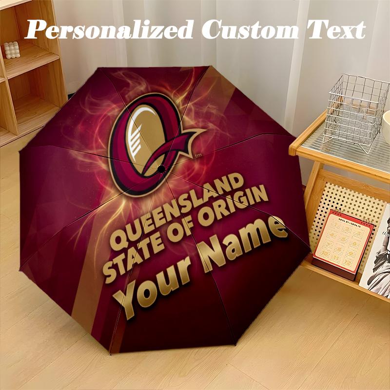 Queensland Maroons Automatic 8‑ribs Umbrella, Custom Name Text Personalized Folding Umbrella Rain Sun Gift