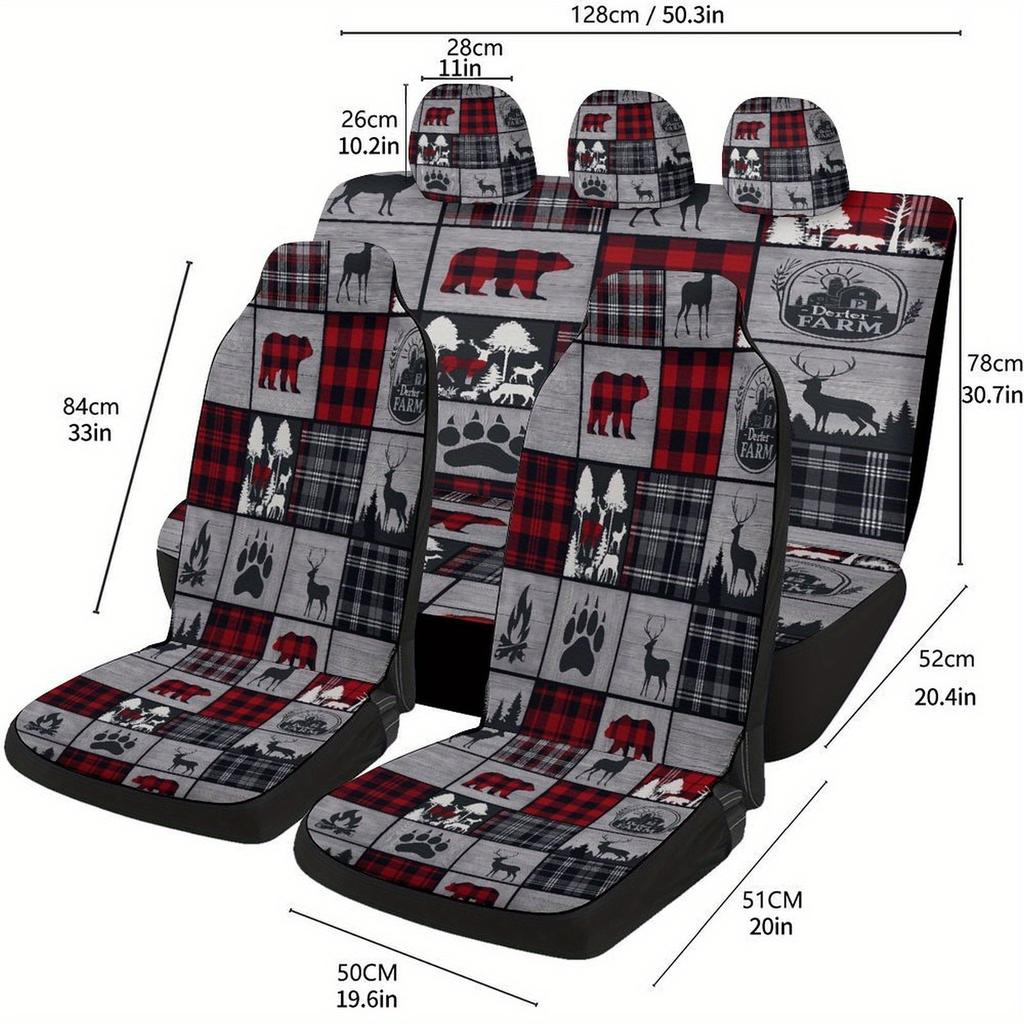 Red Black Plaid Wildlife Designed Car Seat Cover Set For Most Cars, High-quality Comfortable Car Seat Protector Covers Full Set,