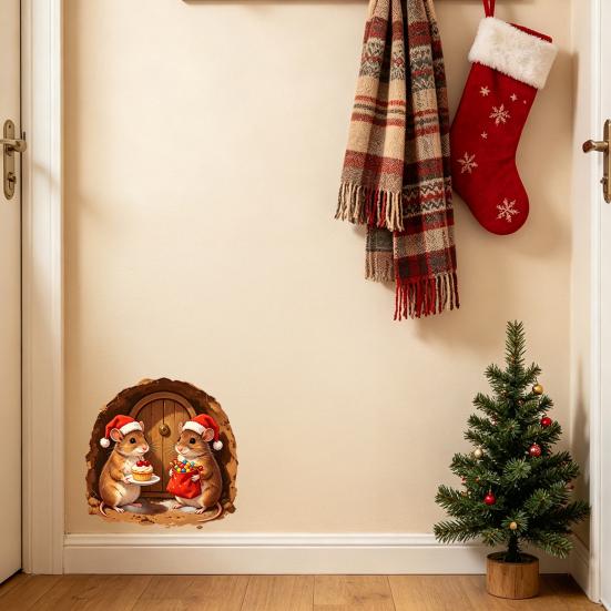 Easy Peel And Stick 3D Mouse Hole Wall Sticker for Christmas Decoration, Realistic Santa Decal, Waterproof PVC DIY Scenes Art Home Window Bathroom