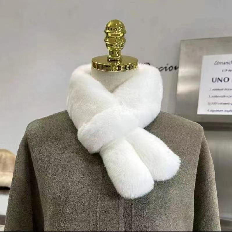 Women Winter Warm Thicken Cross Collar Scarf Solid Color Faux Rabbit Fur Cold Proof Scarves Fashion Soft Furry Neck Warmer