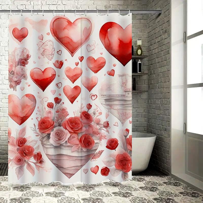 Romantic Red Heart & Rose Shower Curtain - Waterproof, Mildew-Resistant, Machine Washable for Valentine's Day Bathroom Decor