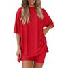 Women's Loose Fashion Solid Color Split Round Neck Short Sleeve Top Small Pocket Shorts Two Piece Set