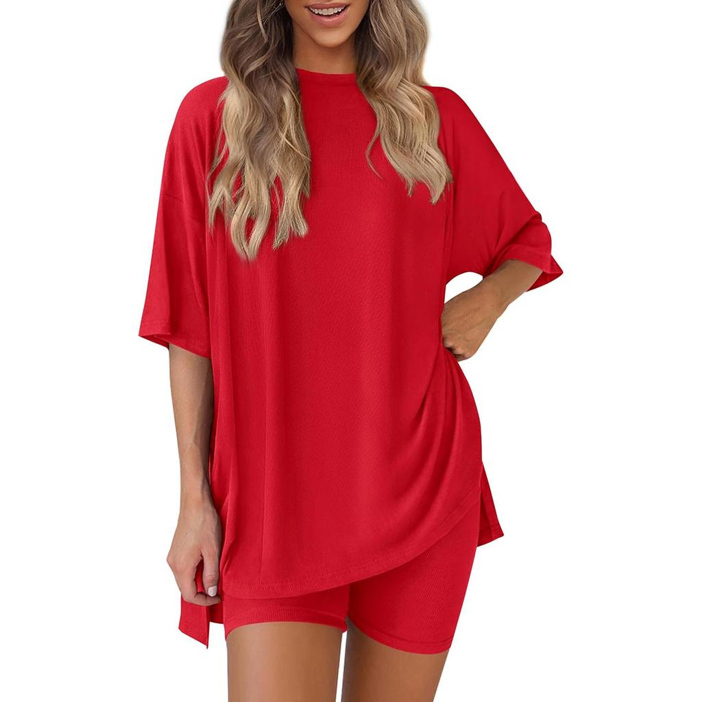 Women's Loose Fashion Solid Color Split Round Neck Short Sleeve Top Small Pocket Shorts Two Piece Set