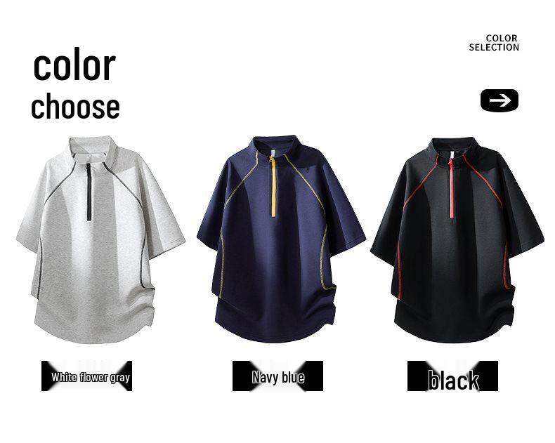 Golden Gun 2026 Summer Color Block Zip Half-Open Loose T-Shirt KF018